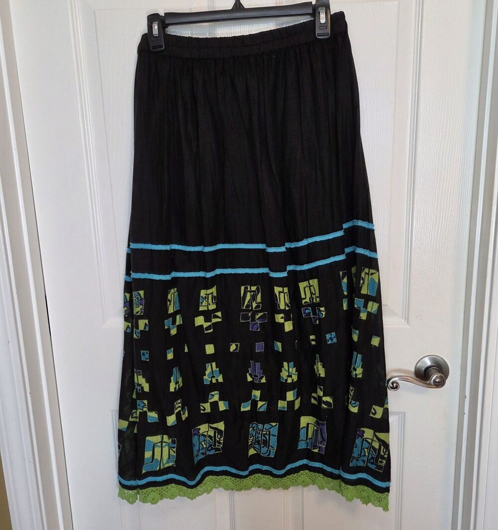 Boho Embroidered Black Cotton Crochet Trimmed Peasant Skirt Women's Size MEDIUM